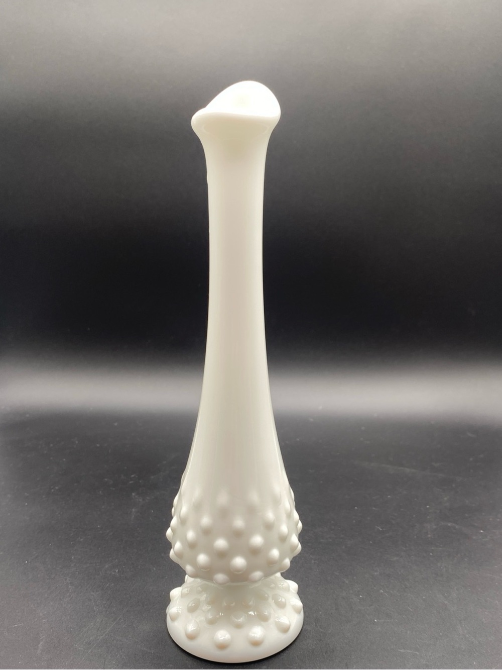 White Hobnail Milk Glass Bud Vase - Marked Fenton approximately 8-8 3/4”